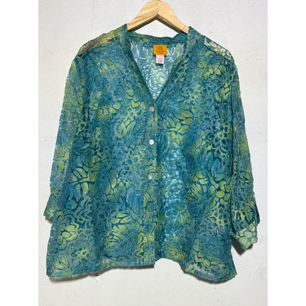 Ruby Rd Womens 20W Teal Green Floral Burnout Glitter Button Down Blouse Top